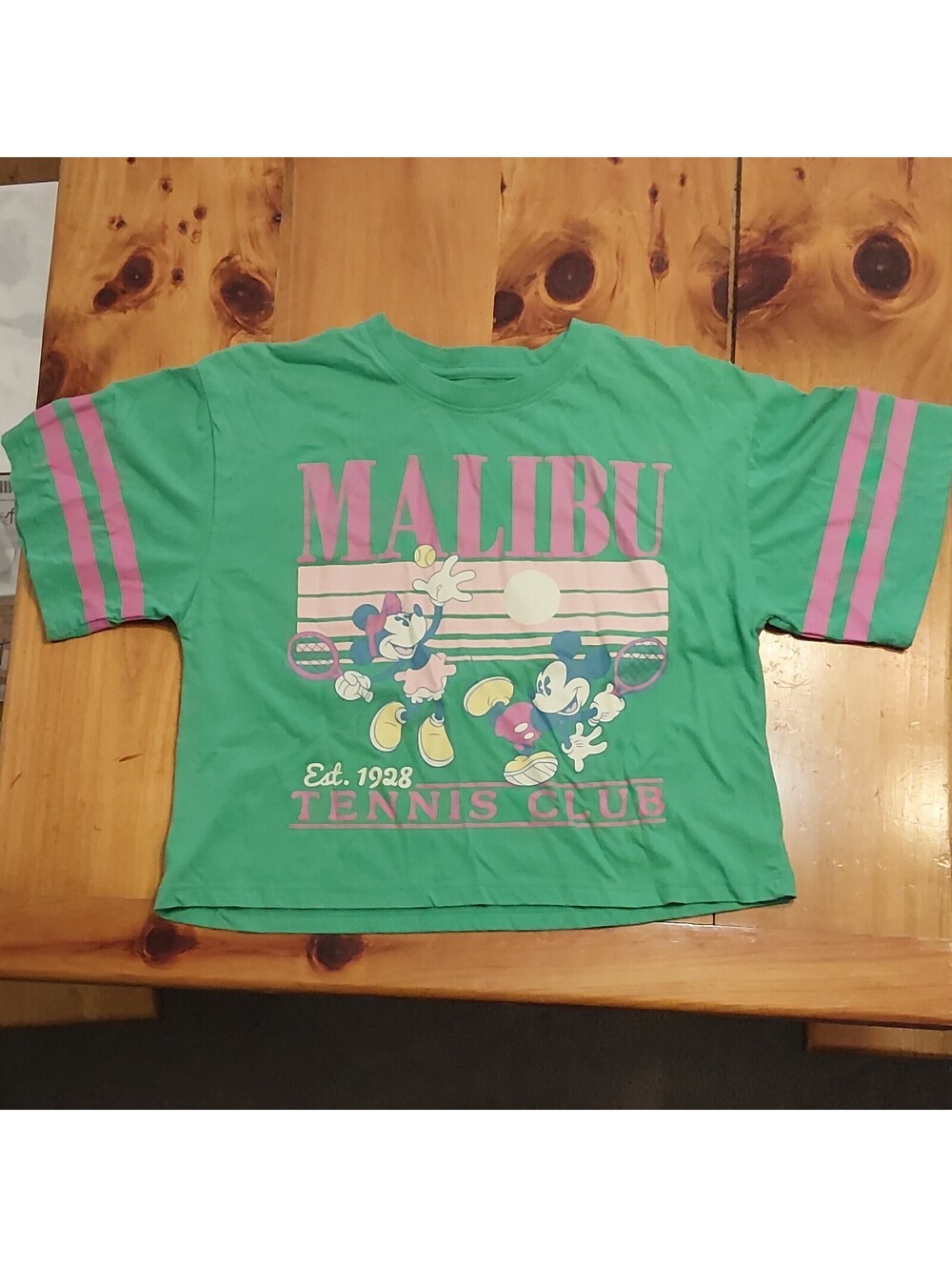 Disney Mickey Mouse Malibu Tennis Club Graphic Green T-Shirt Adult Size XS Crop